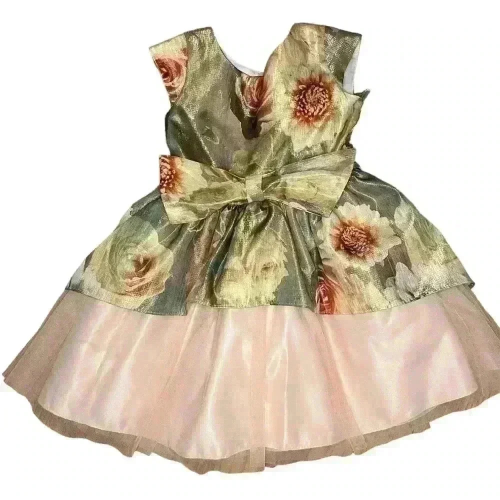 Sweet Kids Flower Girl Dress Gold Floral Size 4 Fall Wedding Party Bow